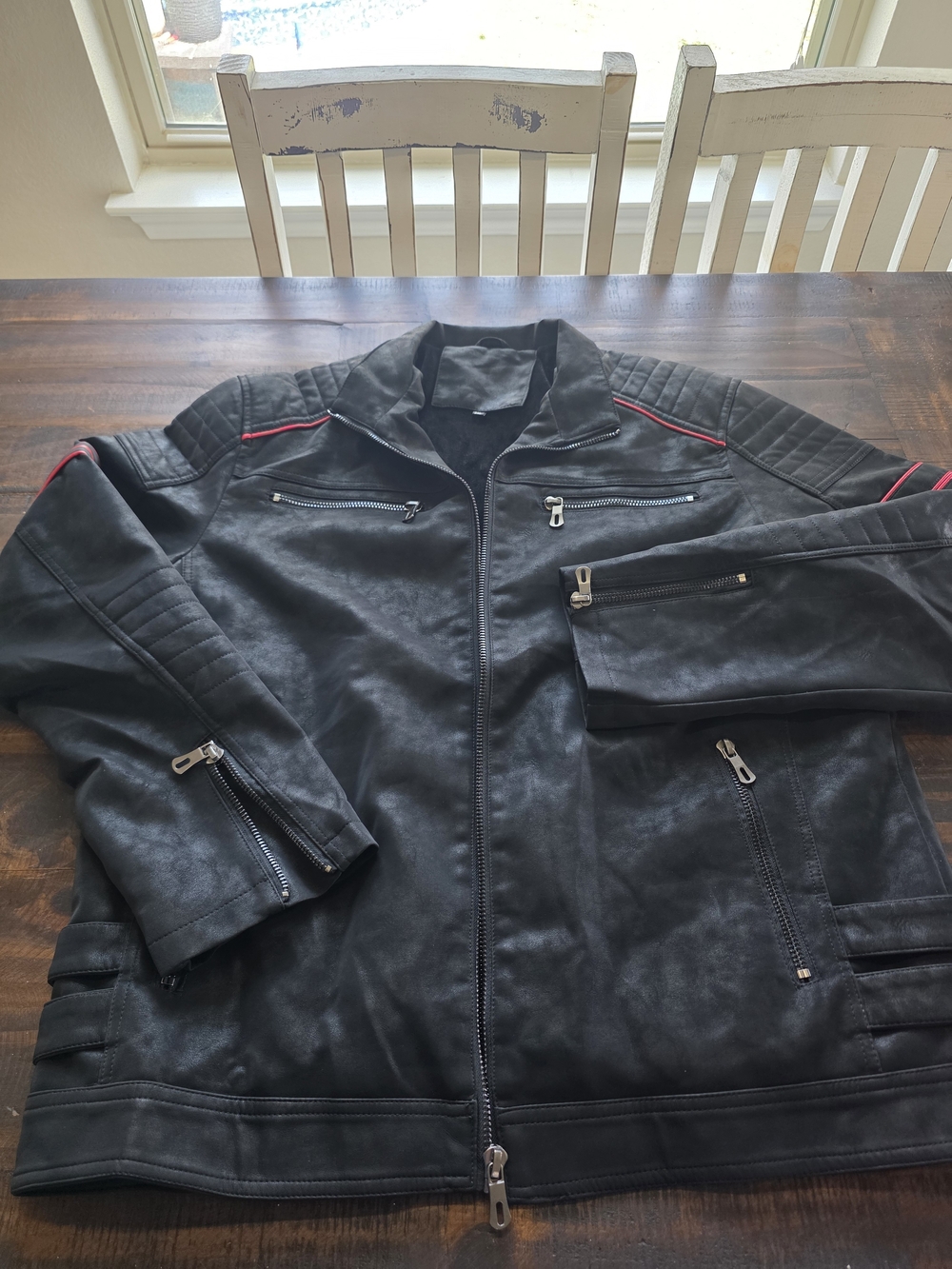 Men’s Black Faux Leather Moto Biker Jacket Red Trim Quilted Shoulders XXL